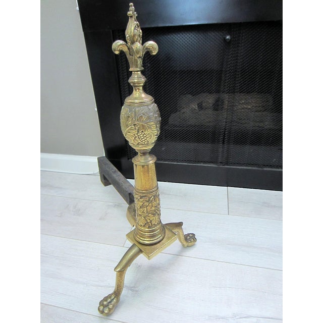 Late 18th Century Pair of French Claw Foot Fleur D Elise Finial Brass Andirons For Sale - Image 4 of 7