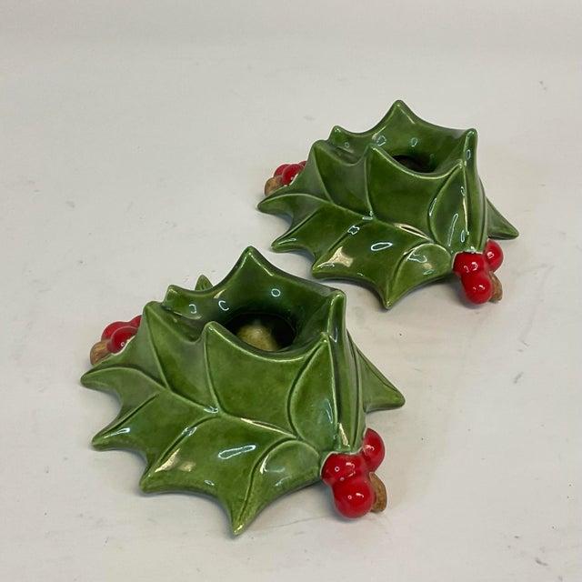 1963 Folk Art Americana Christmas Ceramic Holly Candle Holders, Artist Signed - a Pair For Sale - Image 9 of 12