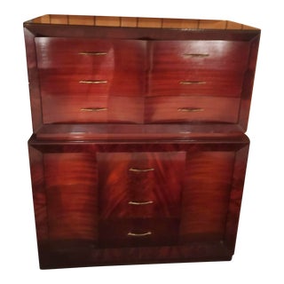 Mid 20th Century Mid-Century Modern Ribbon Mahogany Highboy Dresser With Custom Glass Top For Sale