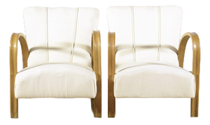 Art Deco Armchairs with Curved Armrests and White Fabric, 1930s, Set of 2