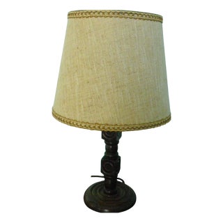 Wooden Table Lamp with Geometric Decor and Fabric Lampshade, France, 1970s For Sale
