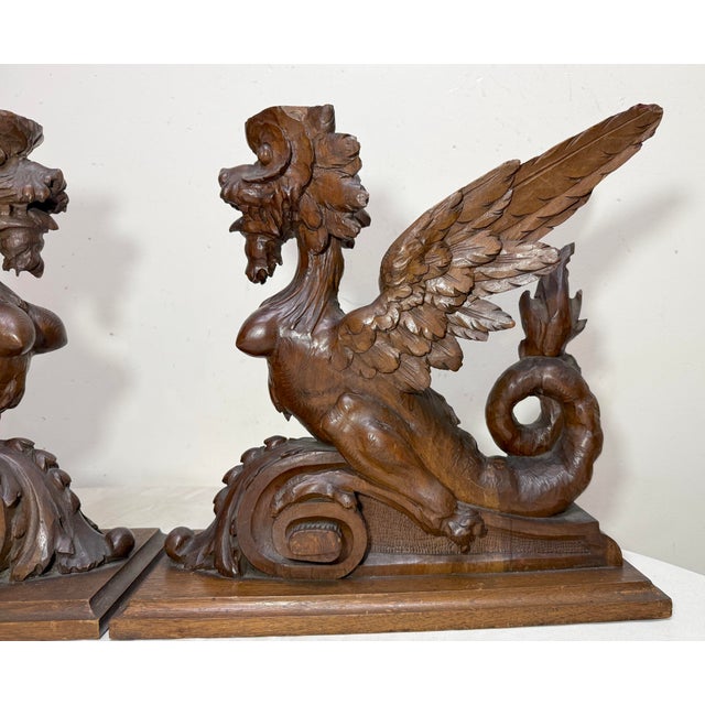 Wood Pair Antique 19th Century Carved Wood Architectural Salvage Griffin Sculptures For Sale - Image 7 of 16