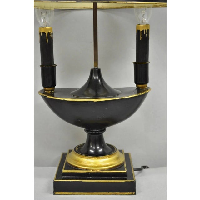 Antique French Empire Black & Gold Tole Metal Urn Bouillotte Table Lamp W Shade For Sale - Image 4 of 12