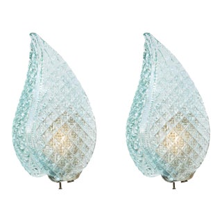 1950s Rare Wall Light Blue Jewel Murano Glass Leave by Barovier E Toso, -Set of 2 For Sale