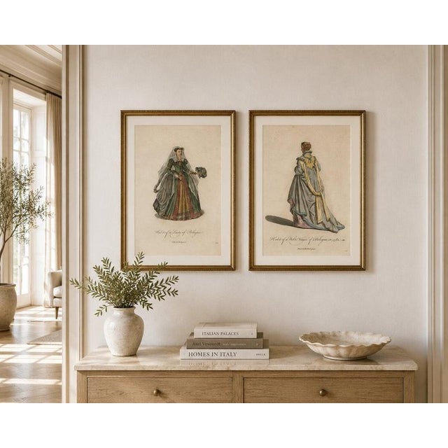 Bologna Renaissance Costume Engravings, Hand-Colored Italian Fashion Pair An elegant and visually compelling pair of...
