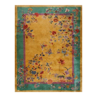 Lovely Gold and Turquoise Color With Special Floral Design Antique Chinese Art Deco Rug For Sale