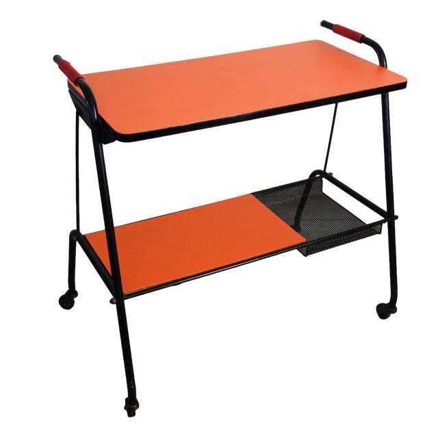 Vintage Orange Perforated Metal Serving Cart, 1950s For Sale