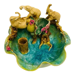 Late 20th Century Majolica Elephant Glazed Centerpiece Pottery Bowl