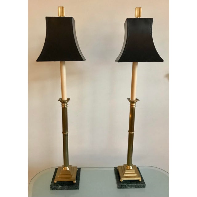 2000 - 2009 Pair of Wildwood Brass Candlestick Lamps With Green Marble Bases For Sale - Image 5 of 5