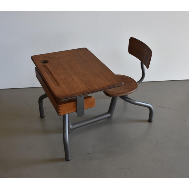 Vintage French Oak and Steel Tube Children's School Desk with Chair, 1930s For Sale - Image 9 of 9