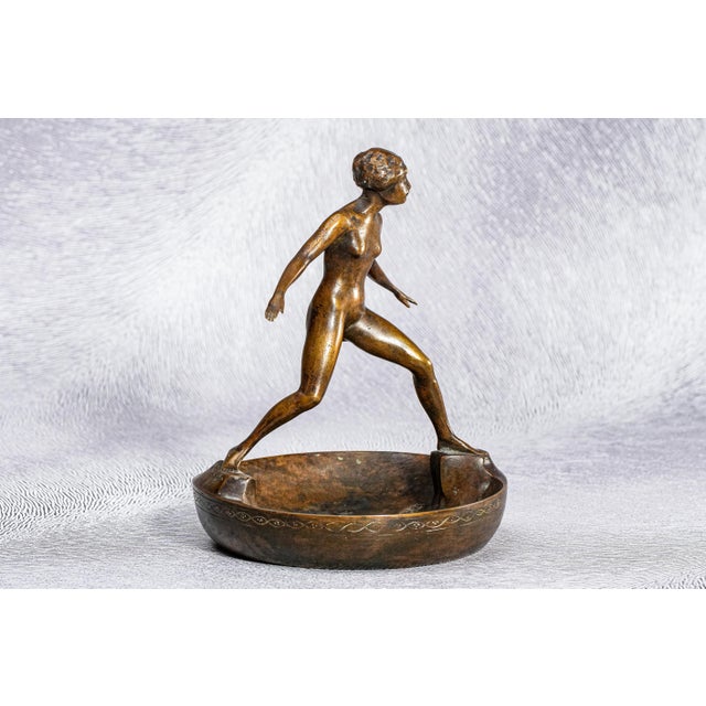 Art Deco Antique Bronze Artist Signed Nude Female Form Sculpture Statue Bowl Catchall Dish For Sale - Image 11 of 17