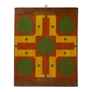 Antique Parcheesi Gameboard, Late 19th Century, in Red, Green and Mustard