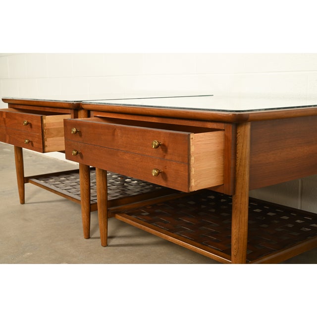 Paul McCobb Style Mid-Century Modern Walnut and Woven Shelf End Tables by Lane, Circa 1960s For Sale - Image 9 of 15