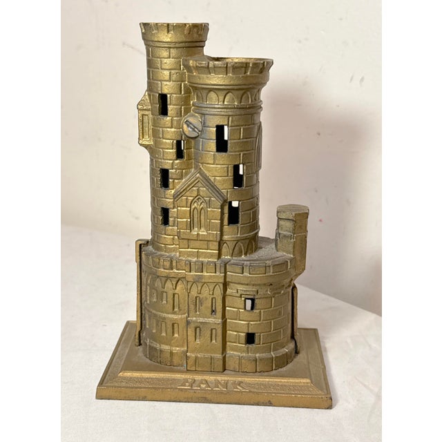 Gold Rare Antique 1910 John Harper & Co. Castle With Two Towers Cast Iron Still Bank For Sale - Image 8 of 12