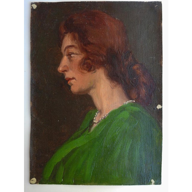 English Early 20th Century Woman in Green Dress Portrait Painting For Sale - Image 3 of 3