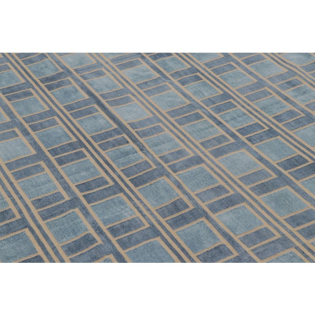 Contemporary Geometric Cotton Dhurrie Rug in Blue & Gold by Rug & Kilim, India For Sale In New York - Image 6 of 10