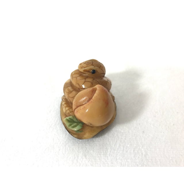 1980's Chinese Netsuke Style Coiled Snake Carving With Long Life Peach For Sale - Image 4 of 6