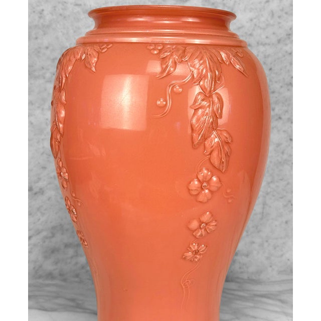 Vintage Art Nouveau Floral Vine Embossed Rose Pink Glass Vase - 16" For Sale - Image 4 of 7