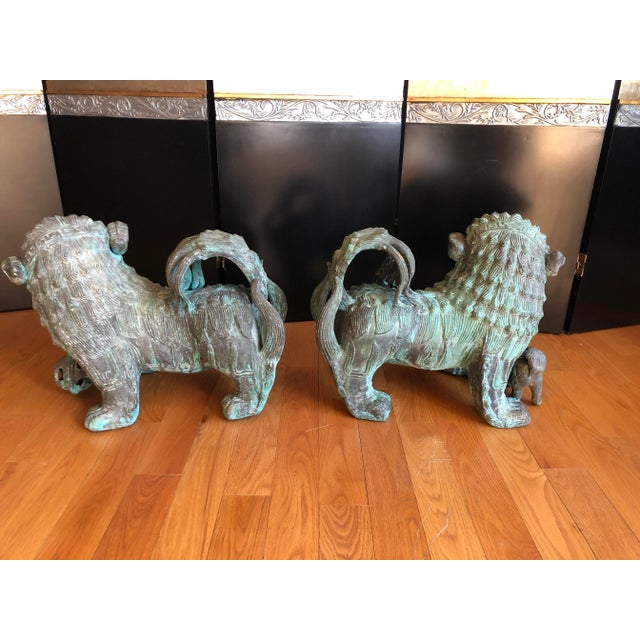 Metal Monumental Antique Chinese Bronze Indoor Outdoor Foo Dogs - a Pair For Sale - Image 7 of 12