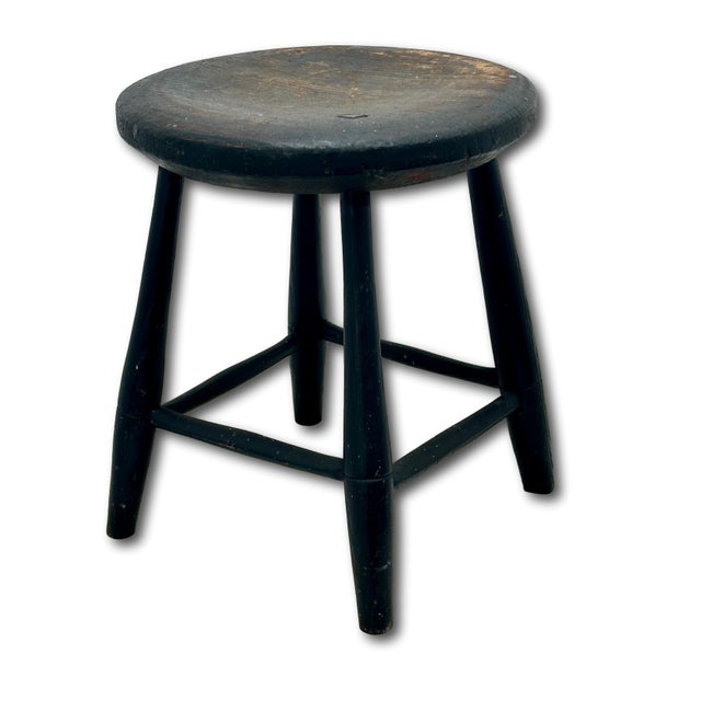 Very Nice Hand Made Antique American Primitive Pine Wood Footstool With Excellent Original Old Black Paint For Sale In Boston - Image 6 of 18