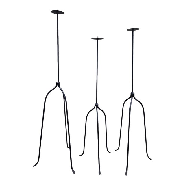 Vintage Black Iron Nail-Top Candle Stands – Set of 3 For Sale