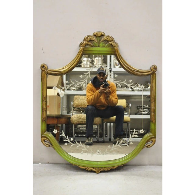 Early 20th Century French Louis XVI Style Plume Swan Carved Green Painted Leafy Etched Wall Mirror For Sale - Image 11 of 11