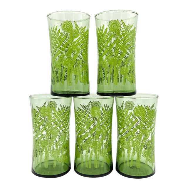 Vintage Green Fern Botanical Highball Glasses – Mid-Century Modern / Tropical - Set of 5 For Sale