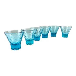 Blue Polka Dot Glasses Set of 6 – Vintage 1960s MCM Cocktail Barware For Sale
