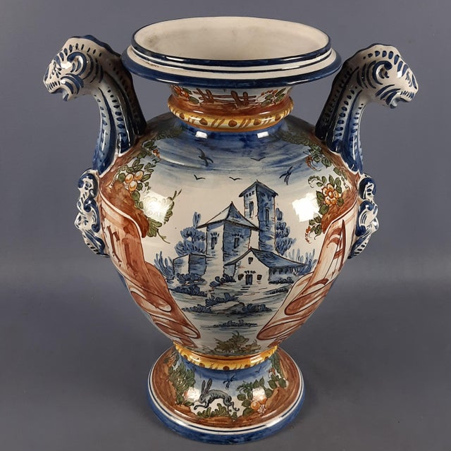 Large Vintage Historiated Polychrome Majolica Vase with Zoomorphic Handles from Albissola, 20th Century For Sale - Image 4 of 14