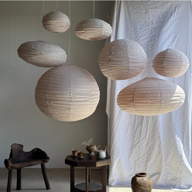 Large Vintage Oval Flattened Pink Rattan and Natural Linen Pendant Light, 1980s For Sale - Image 13 of 18