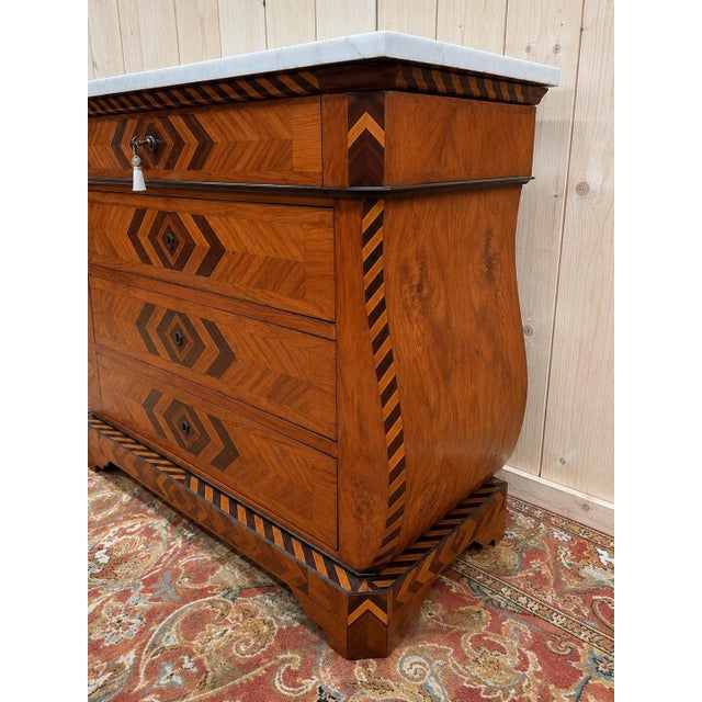 Swiss-Style Marquetry Chest of Drawers with Carrara Marble Top For Sale - Image 4 of 8