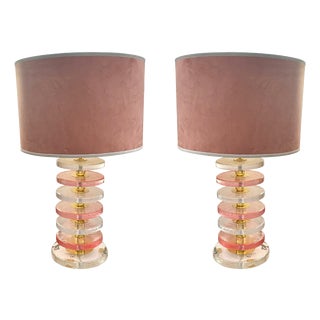 Table Lamps with Pink Murano Discs, 1980s, Set of 2 For Sale