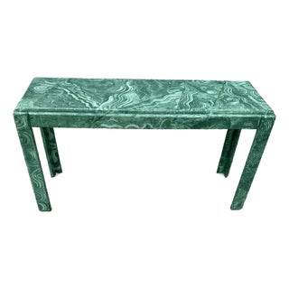 Exceptional Late 20th Century Vintage Hollywood Regency Faux Malachite Parsons Sofa Table For Sale