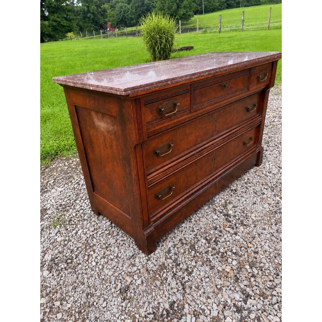 Victorian Antique American Black Walnut Burl Victorian Marble Top Dresser With Original Nautical Brass Hardware, Circa 1895–1905 For Sale - Image 3 of 12