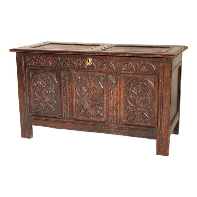 Antique Tudor Style Carved Oak Trunk For Sale