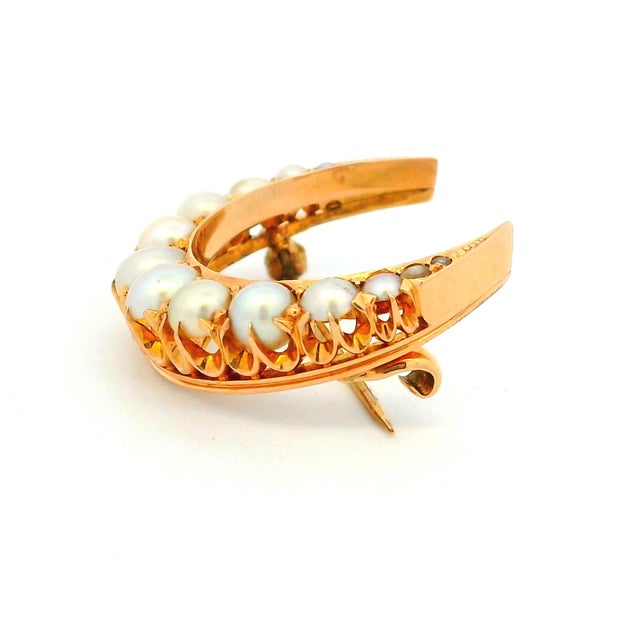 Metal Antique Victorian 15k Gold Pearl Crescent Moon Brooch For Sale - Image 7 of 15