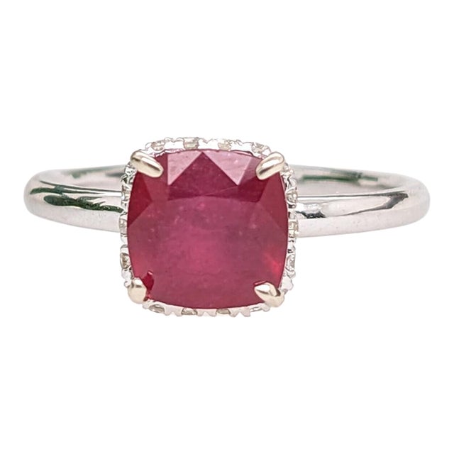 1.7ct Stunning Ruby Ring W Earth Mined Diamonds in Solid 14k Gold Cushion 7mm For Sale