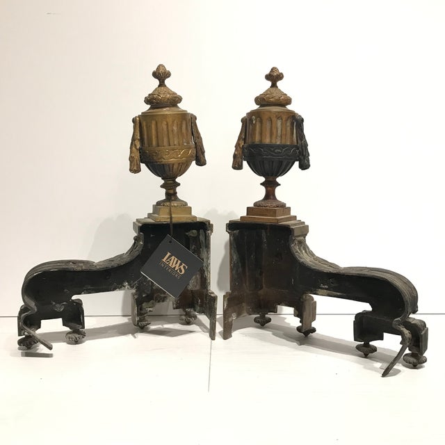 Antique French Lion Masks & Garland Solid Brass Fire Dogs Andirons a