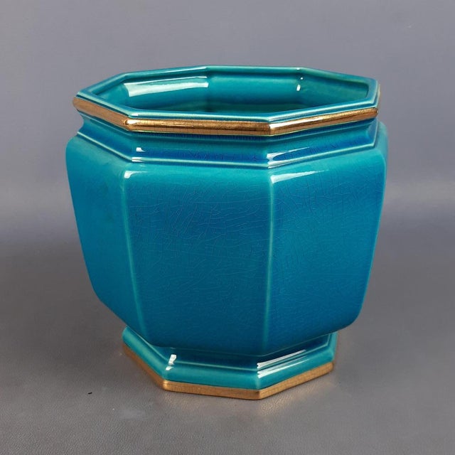 Vintage Octagonal Ceramic Vase in Turquoise Gold Crackle SC3 N.849, Italy, 1950s For Sale - Image 4 of 14
