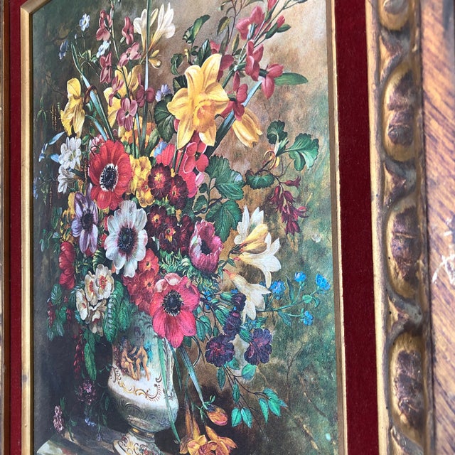 1950s Original Vintage Floral Still Life Print Vintage Original Frame Red Velvet Liner For Sale - Image 5 of 7