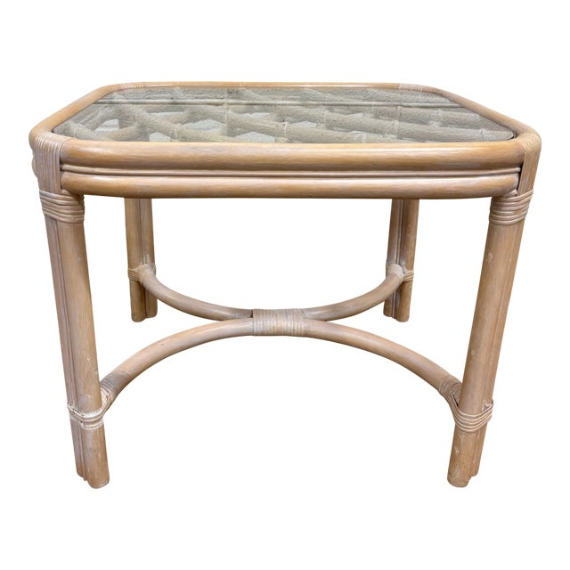 Vintage MCM Style Organic Coastal Rattan Bamboo Glass End Table or Nightstand For Sale