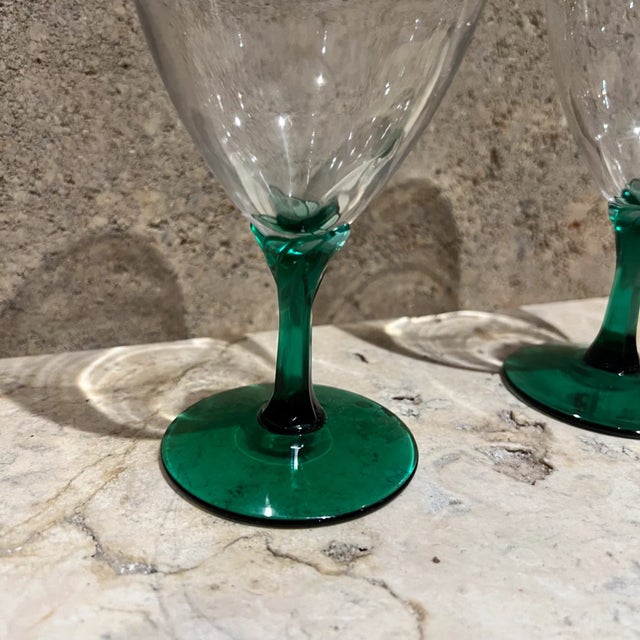 1970s Pair of Green Stem Wine Water Goblet Glasses For Sale - Image 4 of 6