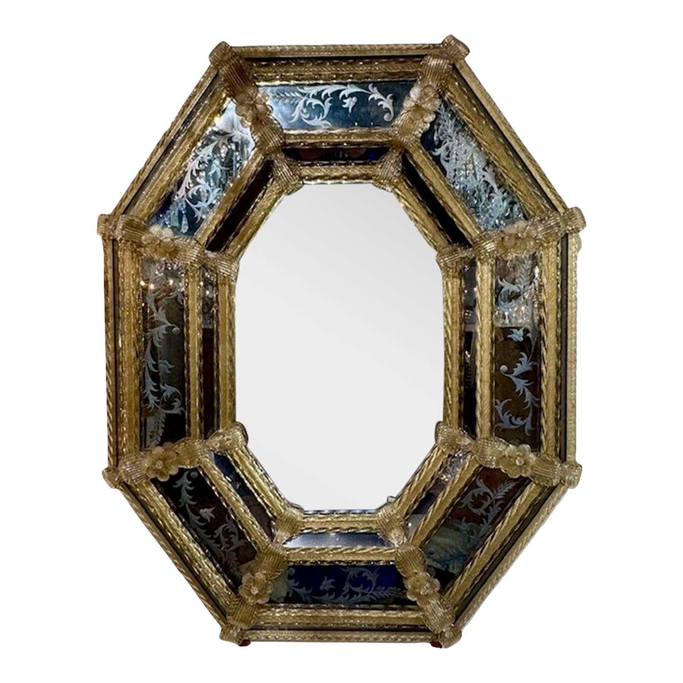 Vintage Etched Murano Glass Venetian Style Octagonal Mirror | Chairish