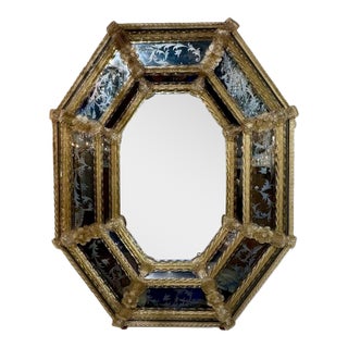 Vintage Etched Murano Glass Venetian Style Octagonal Mirror For Sale
