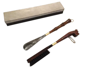 Mid-Century Entryway or Mudroom Wood and Brass Hanging Boot Brush and Shoe Horn Set - 2 Pieces