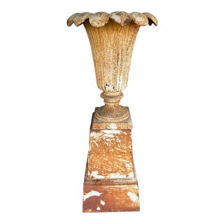 Rustic European Antique Cast Iron Outdoor Urn W/Pedestal For Sale