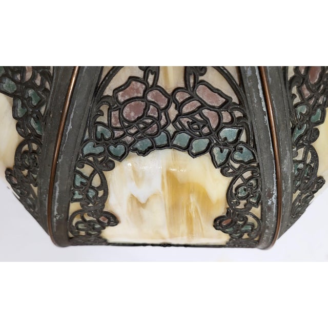 Antique Bronze Rose Overlay & Stained Slag Glass Table Lamp #559 by Handel For Sale - Image 16 of 18