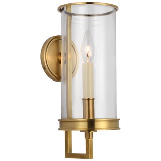 Chapman & Myers for Visual Comfort Signature Glendon Small Hurricane Sconce in Antique-Burnished Brass with Clear Glass For Sale