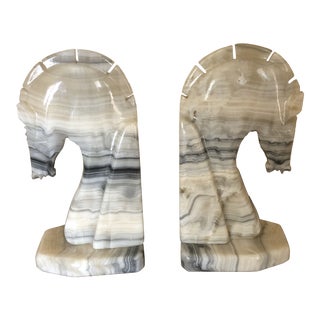 Mid Century Modurn Deco Style Marble Trojan Head Bookends - a Pair For Sale