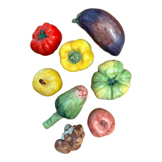 Vintage Late 20th Century Majolica Style Hand-Painted Ceramic Fruit, Set of 8 For Sale